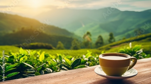 Happy and Relaxation Concept. A Cup of Hot Tea with Smiley Face on Table in front of Green Tea Plantaion Farm, Mountain with Mist as background