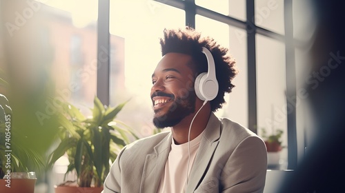 Happy relaxed millennial afro american business man wear wireless headphones look away rest at workplace finished work listening music podcast feel peace of mind concept sit at desk in sunny office photo