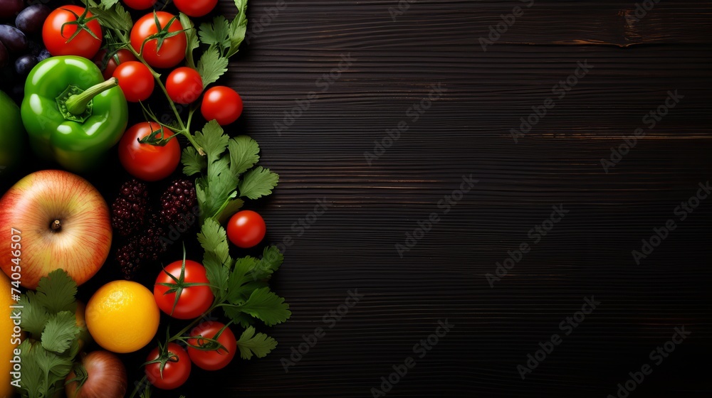 Healthy food. Vegetables and fruits. On a black wooden background. Top view. Copy space Healthy food. Vegetables and fruits. On a black wooden background. Top view. Copy space