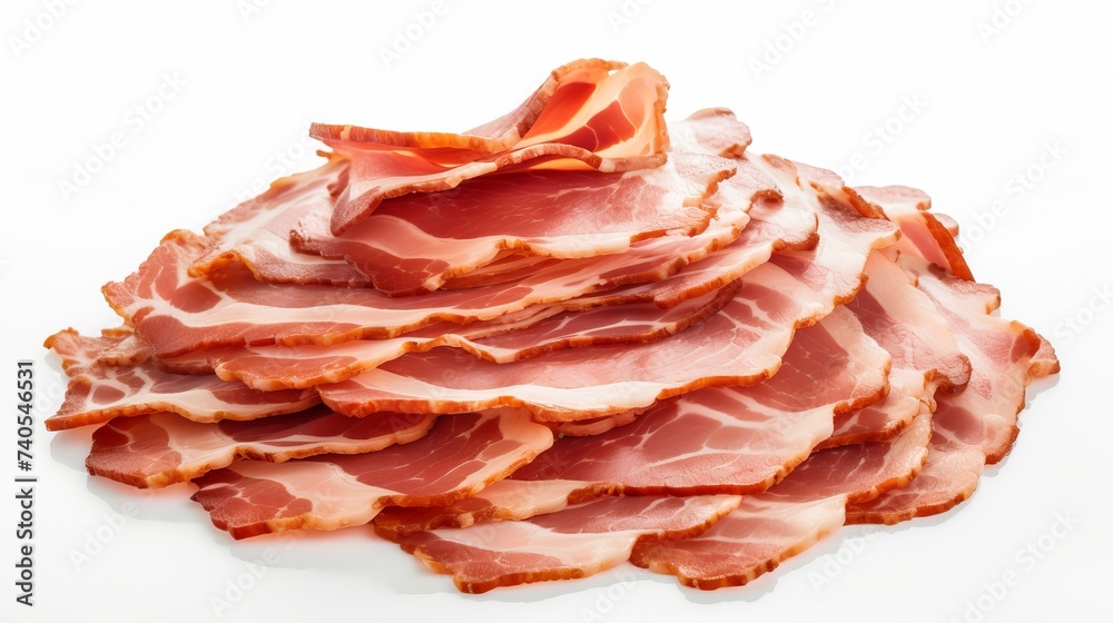 Heap of sliced raw smoked bacon isolated on white background, pork meat strips pieces, package design element, top view