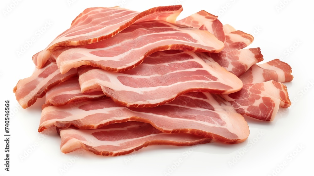 Heap of sliced raw smoked bacon isolated on white background, pork meat strips pieces, package design element, top view Heap of sliced raw smoked bacon isolated on white background, pork meat strips pieces, package design element, top view