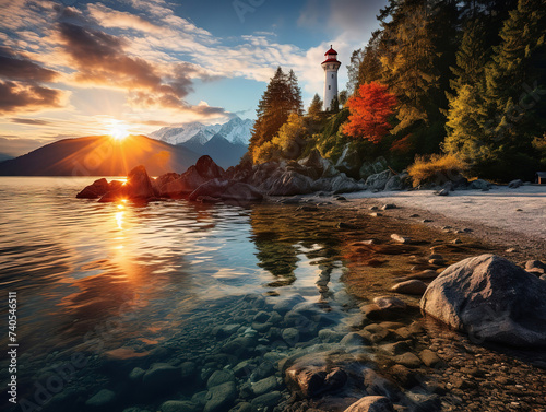 A beautiful sunset over a mountain lake with a mountain in the background