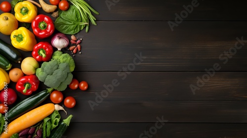 Healthy food. Vegetables and fruits. On a black wooden background. Top view. Copy space
