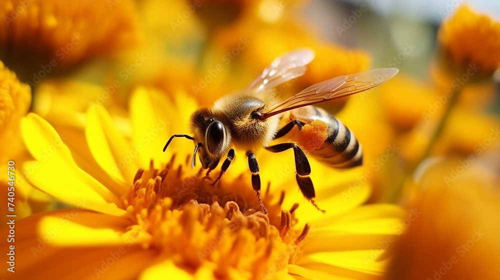 Honey Bee on Yellow Flower, Close Up Macro Honey Bee on Yellow Flower, Close Up Macro