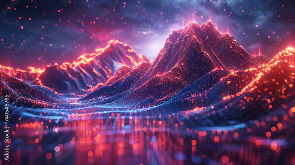 Futuristic city with glowing mountain backdrop a 3D illustration showcasing advanced civilization - obrazy, fototapety, plakaty 
