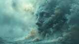 Eerie monster face within swirling magic smoke overlooking a futuristic dystopian wilderness