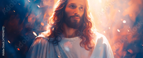 Illuminated, serene bearded man in white robes depicts Jesus, exuding peace and divinity, against a radiant, fiery backdrop with divine light Ideal for religious themes photo