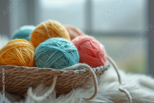 Balls of yarn and knitting equipment with wool, cotton and yarn in various colors isolated on white background.
