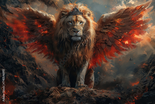 Majestic lion with a kings crown and fiery angel wings overseeing his realm from the mountains peak