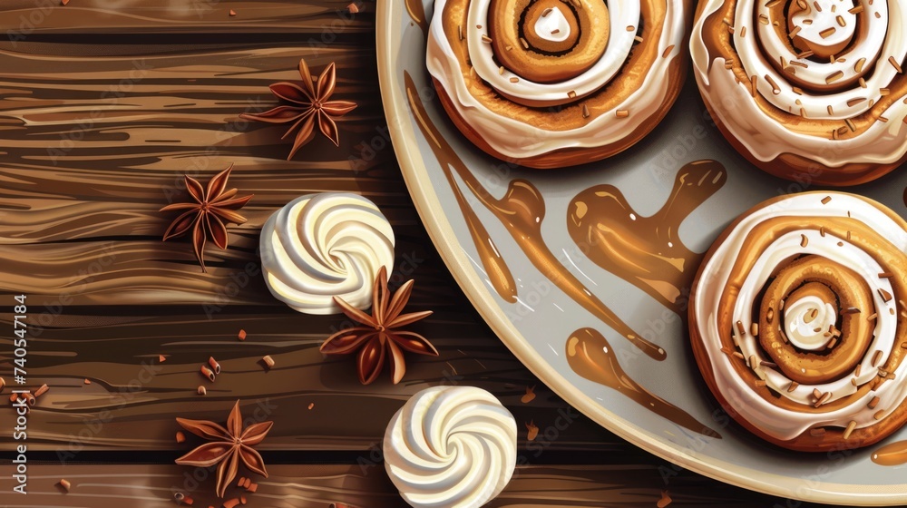 Artistic Cinnamon Rolls with Cream and Spices on Wooden Background Artistic Cinnamon Rolls with Cream and Spices on Wooden Background