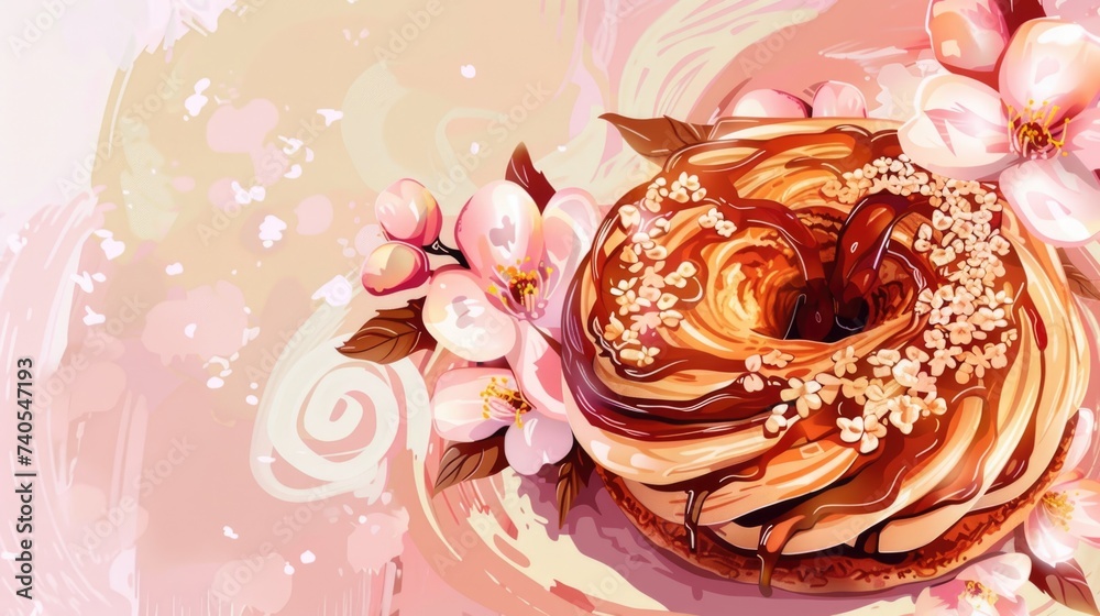 Fototapeta premium Digital Art of Delicious Pastry with Cherry Blossoms