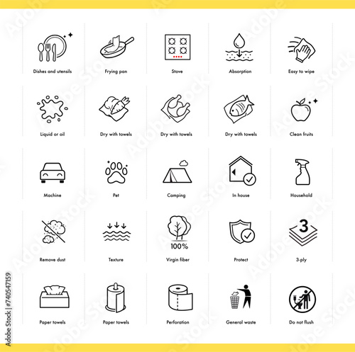 Set icons for toilet paper, napkins, wipes and other hygiene product. Vector illustration. Isolated on white background. It can be used in the adv, promo, package, etc. EPS10.