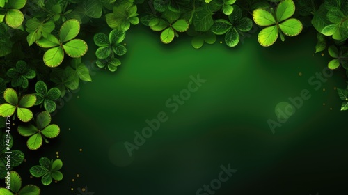 Clover leaves border on a dark green background with bokeh lights.