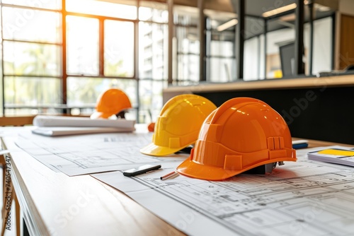 Three hard hats placed on top of a table at a construction site, Construction company office with blueprints and safety helmets, AI Generated