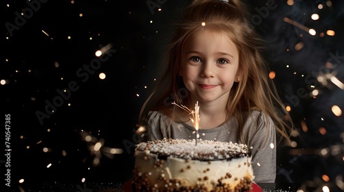 Joyful girl celebrating birthday with a sparkling cake, happy childhood moments captured in a dark setting. celebrate the joy of youth. AI
