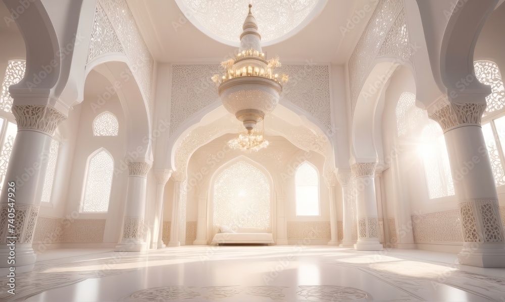 white interior background, luxurious silk motif, light atmosphere magical a serene white mosque, illuminated by a soft