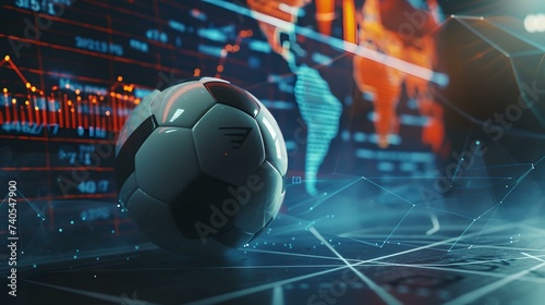 Futuristic soccer ball on a digital field with data analytics visualization in the background. sports technology concept. AI photo