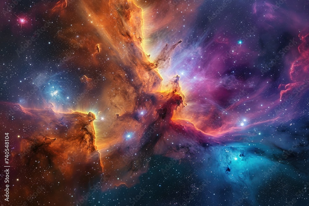 This photo captures a vibrant and dazzling space scene, filled with countless shining stars, Cosmic art showcasing an explosion of colors within a nebula, AI Generated - obrazy, fototapety, plakaty 