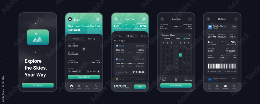 Flight booking app mobile screens template full editable and vector (Dark Mode)