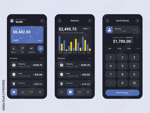 Vector Finance app mobile screens template full editable and vector (Dark Mode)