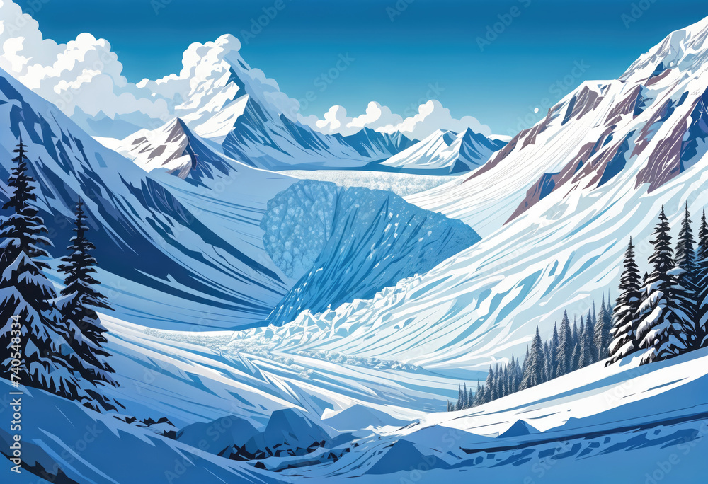 cartoon snowy mountain range with trees and a large glacier in the center