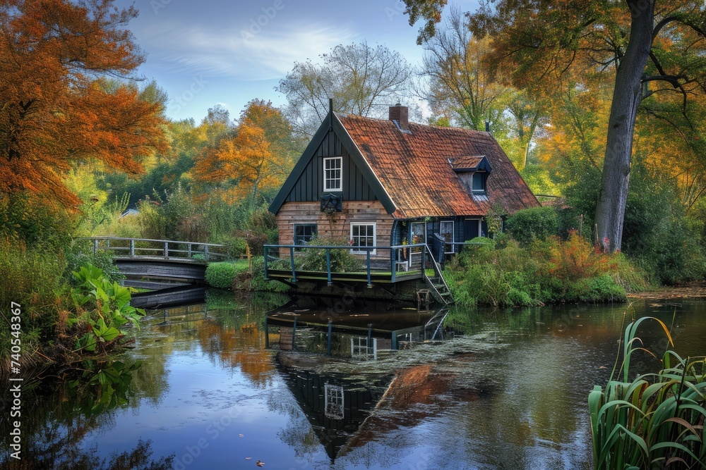 A house sits atop a flowing river, positioned next to a dense forest, surrounded by natures beauty, Cottage houses in a dreamy Dutch village, AI Generated A house sits atop a flowing river, positioned next to a dense forest, surrounded by natures beauty, Cottage houses in a dreamy Dutch village, AI Generated