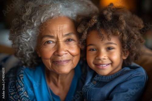 Portrait of african american grandmother and grandson hugging together, smile and happy. Senior old woman with little grandchild. Old person day photo