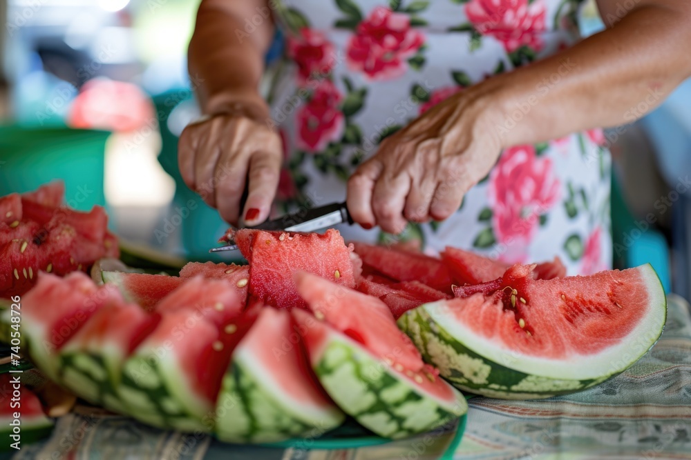 Close-up of hands cutting watermelon on a table with a summer patterned cloth