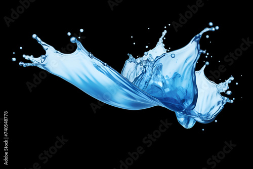 3d illustration of blue clear water splash on isolated blak background. photo