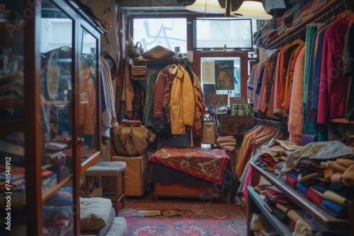 Eclectic assortment of vintage clothes and accessories in a cozy thrift shop interior photo