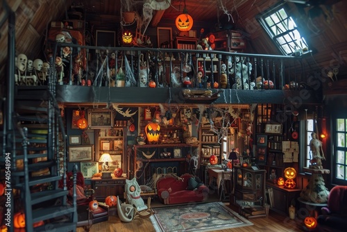 A living room is filled with an abundance of Halloween decorations, creating a spooky and festive atmosphere, Creepy dollhouse filled with Halloween decorations, AI Generated © Iftikhar alam