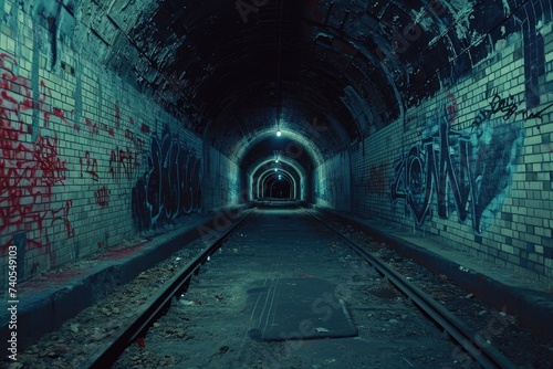 An underground tunnel illuminated with dim lighting, featuring vibrant graffiti art covering the walls, Creepy underground tunnels with Halloween-themed graffiti, AI Generated