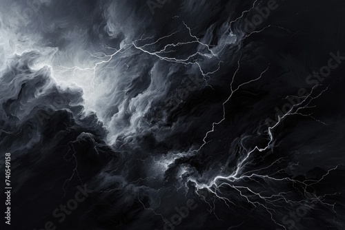 This photo captures the intensity of a storm forming in the sky with dramatic and contrasted black and white tones, Crisp lightning cracking across an ink-black sky, AI Generated
