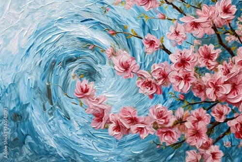 A realistic painting featuring a vibrant arrangement of pink flowers set against a vivid blue backdrop, Crisp, swirling whirlwind of cherry blossom pink on an ice blue landscape, AI Generated © Iftikhar alam