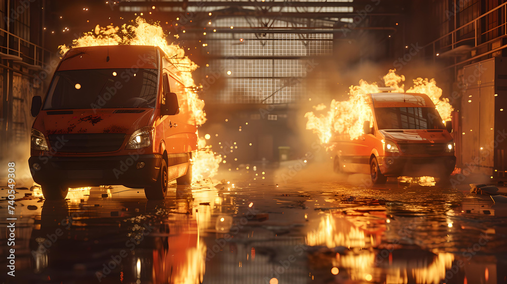 Intense action scene with two vehicles engulfed in flames inside a warehouse. explosive, dramatic imagery suitable for high-octane content. AI