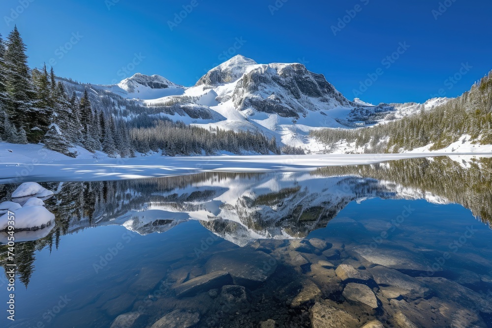 A stunning mountain lake reflecting the snow-capped peaks of the surrounding mountains, Crystal clear lake reflecting a snowy mountain peak, AI Generated