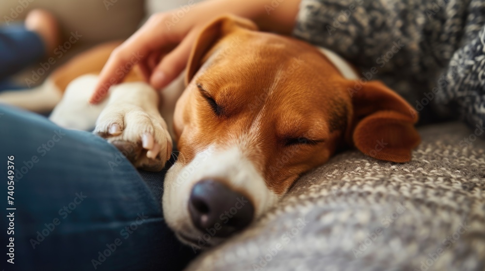 Relaxed Beagle Dog Sleeping on a Cozy Blanket Beside Owner