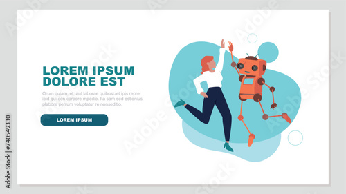 Ein Roboter und eine Geschäftsfrau springen auf, um ihren Erfolg zu feiern. Dabei geben sie sich ein High Five - Konzept der künstlichen Intelligenz
