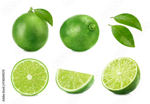 Realistic green ripe raw lime fruit, isolated whole, half and slice citrus fruit. 3d vector set of vibrant, juicy parts, exude freshness and zesty burst, promising a tangy flavor in every piece photo