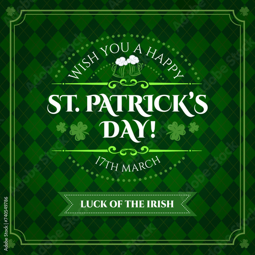 Saint Patricks day holiday green banner with beer mugs and shamrock clovers, vector poster. St Patrick day greeting for Irish holiday on green Celtic pattern background with ribbon and wish of luck