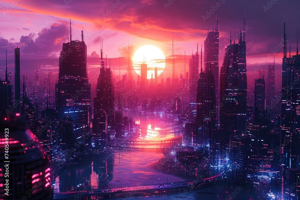 A photo showcasing a futuristic city with towering skyscrapers against a stunning sunset backdrop, Cybernetic city under a neon sunset, AI Generated