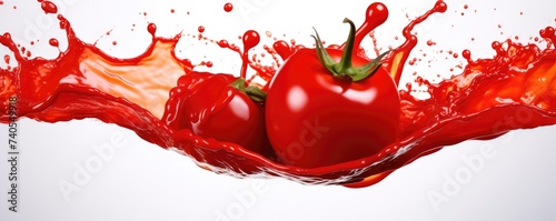 Fresh ketchup splash with red tomato in humand hands, cooking concept, banner. Generative Ai. photo