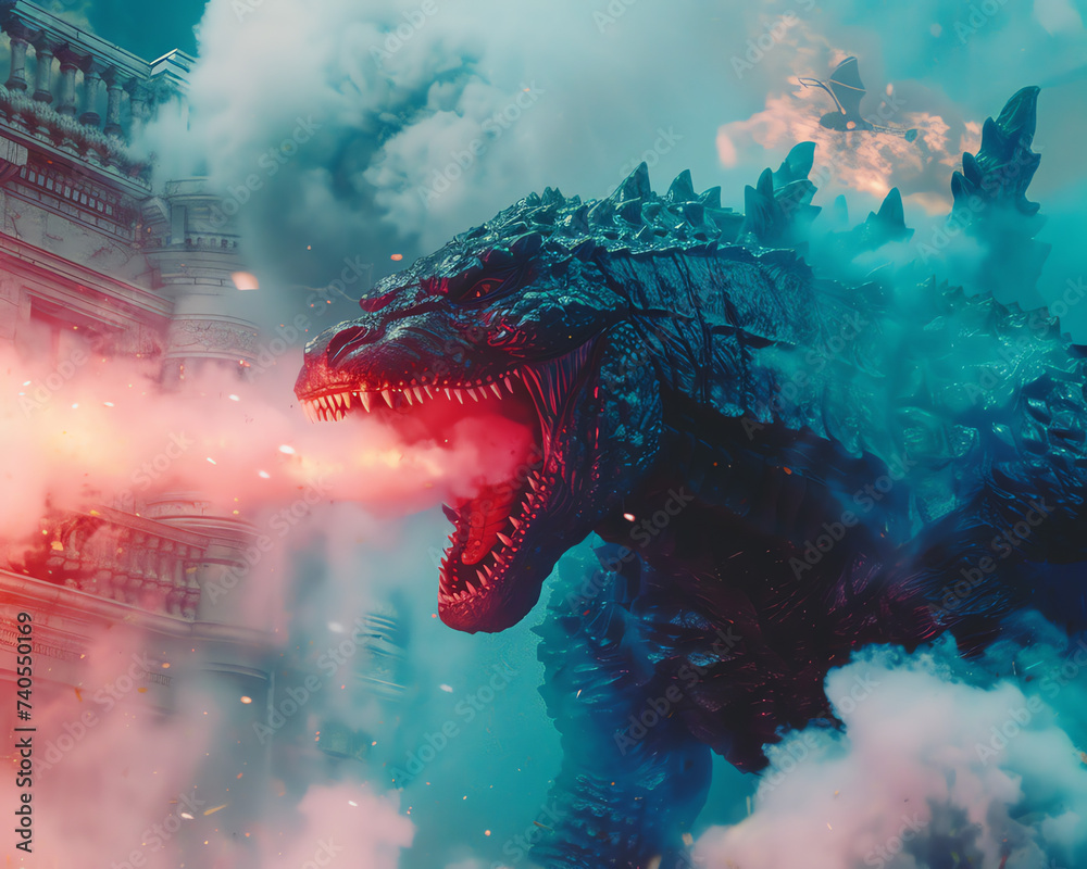 Godzilla Monster mit Feuer - obrazy, fototapety, plakaty 