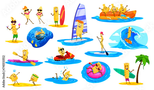 Italian pasta characters on summer beach vacation and outdoor activity, cartoon vector. Penne swimming in sea, spaghetti or tagliatelle with surfboard, funny tortellini and cannelloni in scuba diving