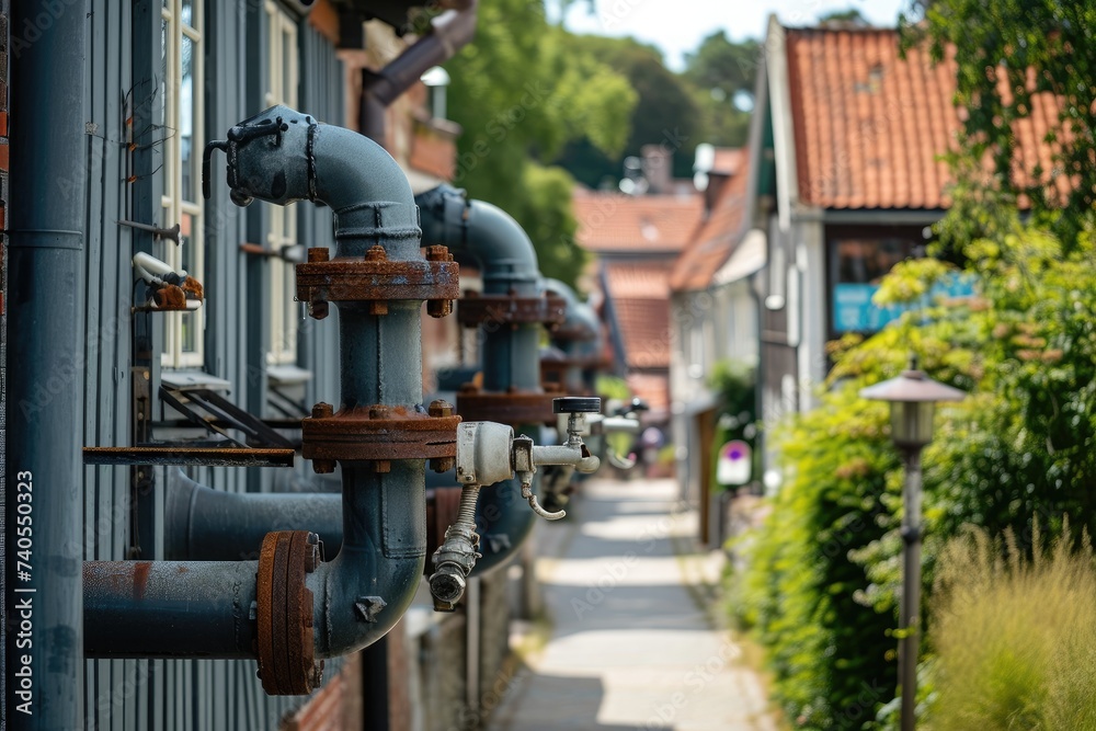 A straight row of metal pipes is attached to the side of a tall commercial building, creating a functional and industrial appearance, Danish styled industrial pipelines in a quaint town, AI Generated