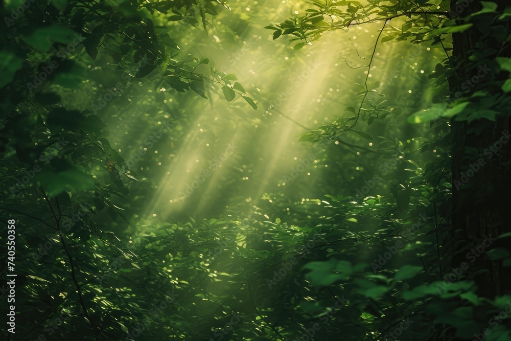 Obraz premium A vibrant forest filled with countless green trees stretching as far as the eye can see, Dappled sunlight effect on a forest green backdrop, AI Generated