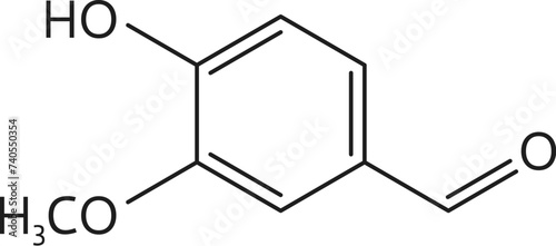 Vanillin molecule formula of chocolate chemical and molecular structure, vector icon. Vanillin molecular bond structure and atom connection of chocolate flavoring ingredient in food chemistry photo