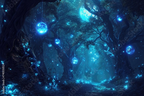 Dense Forest With Numerous Blue Lights Illuminating the Surroundings, Dark forest bathed in moonlight, decorated with magical glowing orbs, AI Generated