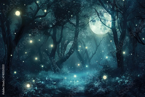 A mesmerizing forest filled with numerous trees engulfed by glowing fireflies  Dark forest bathed in moonlight  decorated with magical glowing orbs  AI Generated