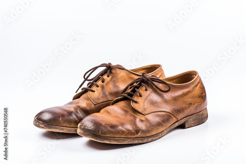 Old worn leather men's shoes on a white background. Generated by artificial intelligence